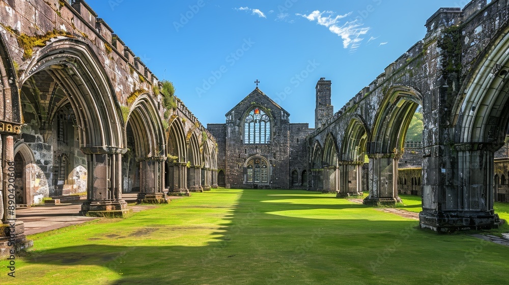 Fototapeta premium A large, grassy field with a stone building in the background
