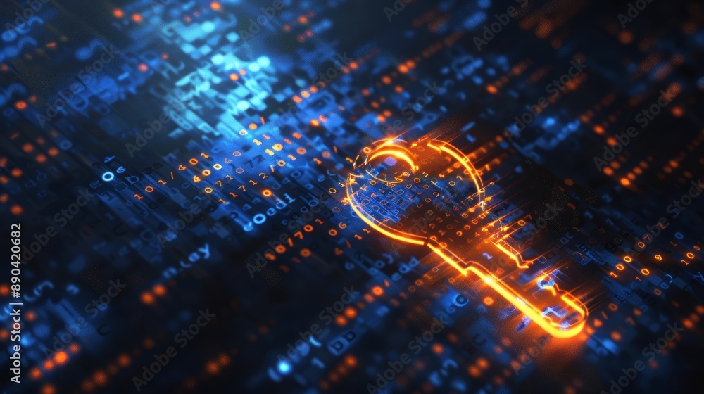 Cybersecurity and encryption in a virtual environment are symbolized by a glowing binary key. Cybersecurity and encryption in a virtual environment are symbolized by a glowing binary key.