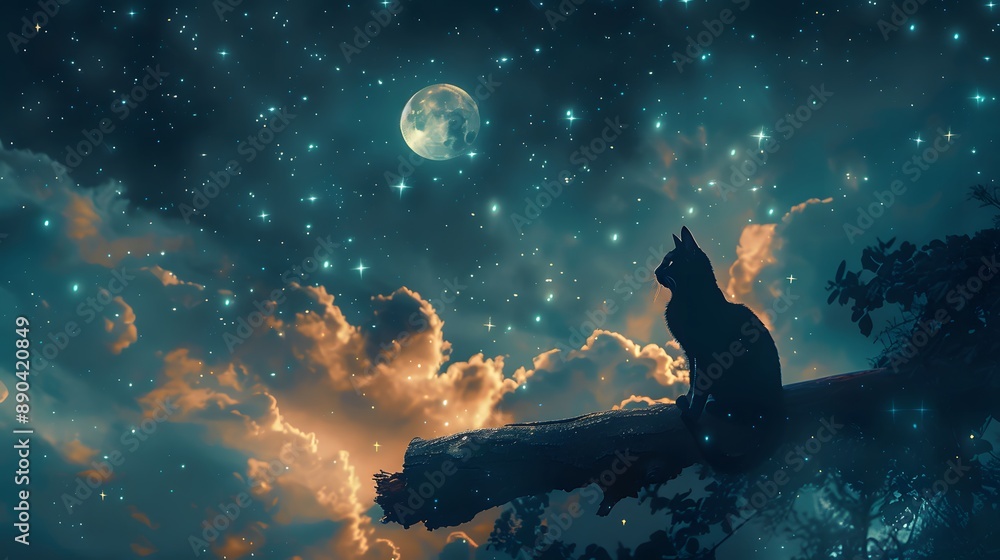 A witch s black cat sitting on a broomstick under a starry night sky A witch s black cat sitting on a broomstick under a starry night sky