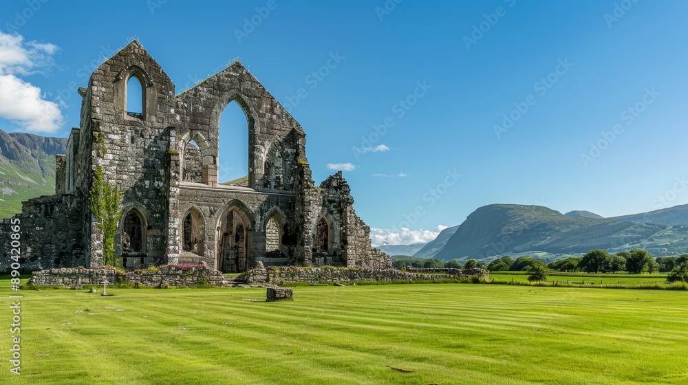 A large, grassy field with a stone building in the background A large, grassy field with a stone building in the background