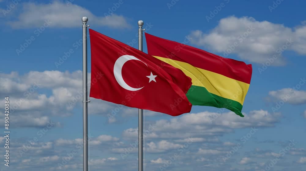 Bolivia and Turkey flags flying together, video concept of the relationship, two country relations concept Bolivia and Turkey flags flying together, video concept of the relationship, two country relations concept