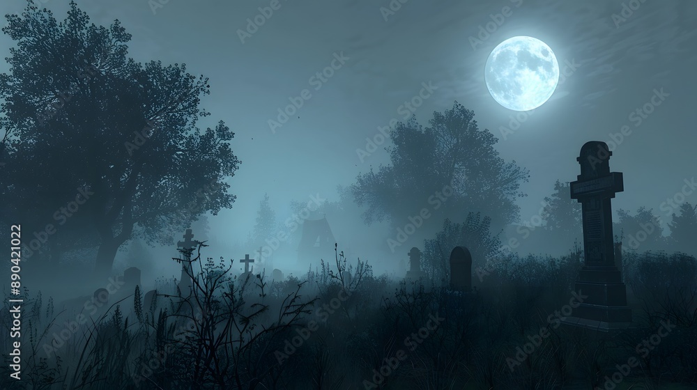 Fototapeta premium A spooky cemetery with fog rolling in and a full moon shining above