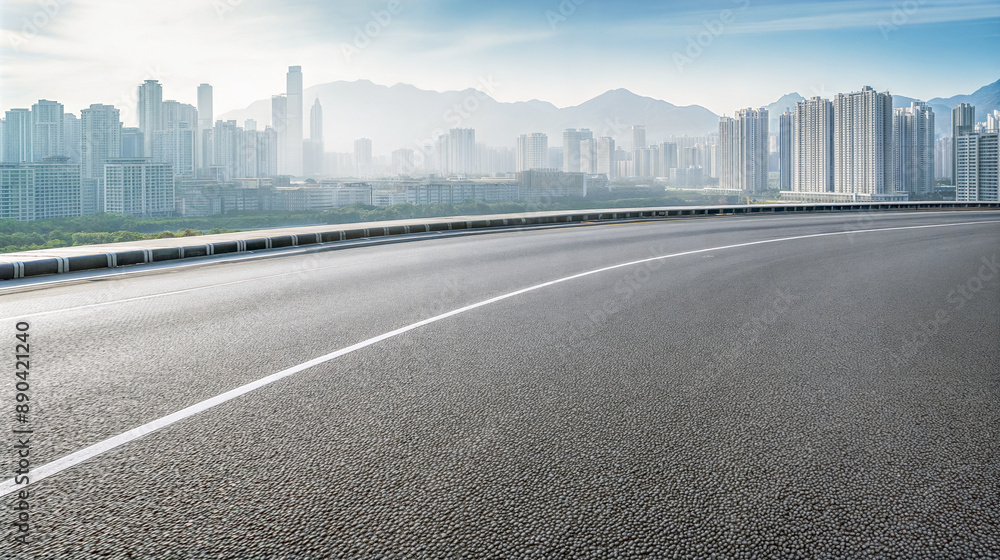 Curved asphalt road leading to a modern city skyline. Urban landscape background with copy space Curved asphalt road leading to a modern city skyline. Urban landscape background with copy space