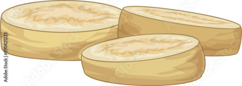 Three slices of ripe plantain are laying on a surface