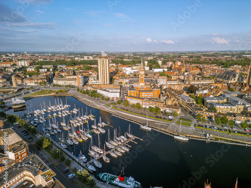 Obraz na plátně The drone aerial view of Marina Port du Commerce and the tower of the townhall, Dunkirk, France