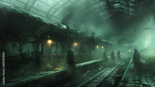 A haunted train station with ghostly figures waiting for a train