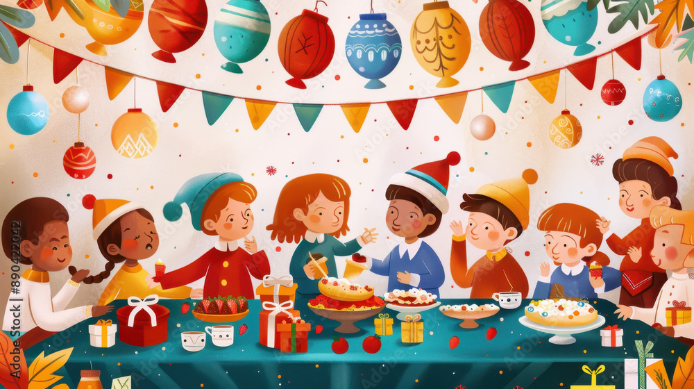 Naklejka premium Festive holiday celebration with diverse children at a colorful party table decorated with ornaments and gifts