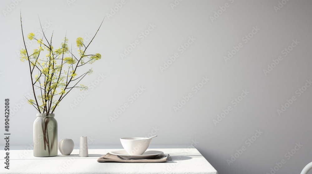a sparse dining setup, single place setting, white tablecloth a sparse dining setup, single place setting, white tablecloth