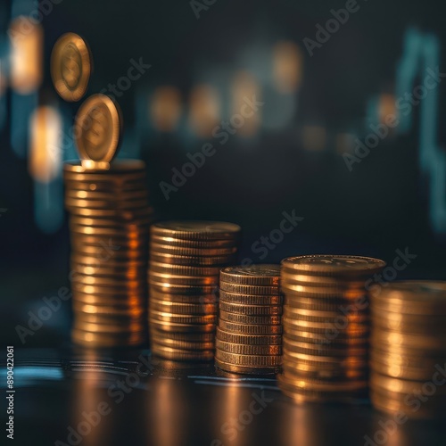 golden coins stacked in ascending graph formation holographic growth chart projection soft ambient lighting on sleek modern surface financial success concept