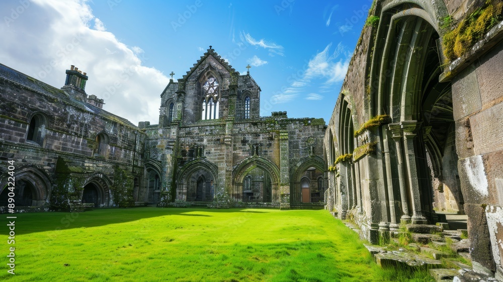 Fototapeta premium A large, grassy field with a stone building in the background