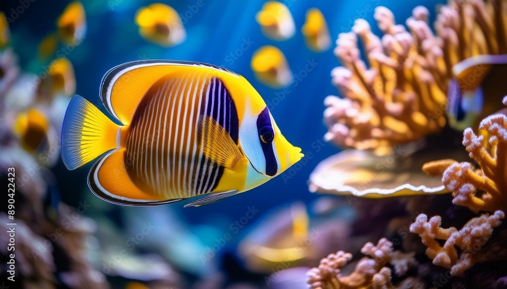 Obraz premium Angel butterfly fish Underwater Elegance: School of Angel Butterflyfish Amidst Coral Archway