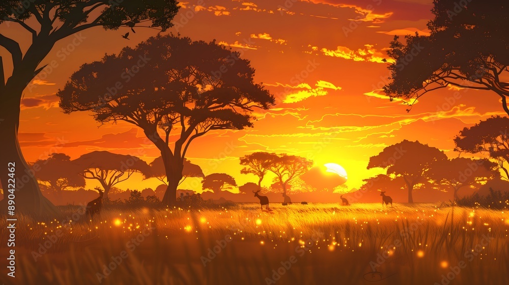 Stunning African Savanna Sunset with Acacia Trees and Wildlife Silhouettes Stunning African Savanna Sunset with Acacia Trees and Wildlife Silhouettes