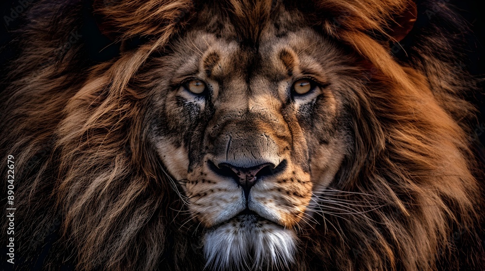 Naklejka premium Majestic Lion with Powerful Gaze Showcasing Fierce Presence in Natural Habitat