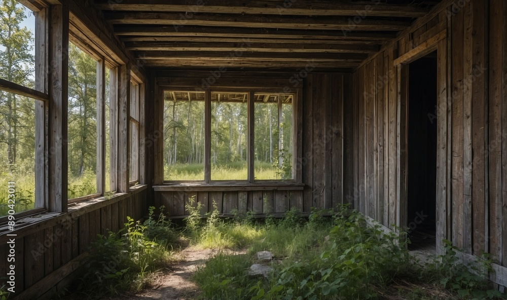 Fototapeta premium Sunny abandoned room with overgrown plants inside.