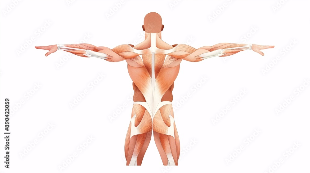 Hand-drawn illustration of the human muscular system in a lifting pose, watercolor style, on a white background Hand-drawn illustration of the human muscular system in a lifting pose, watercolor style, on a white background