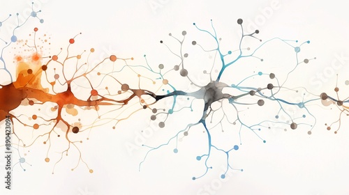 schematic of the nervous system, with detailed nerve pathways, watercolor style