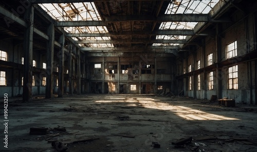 Empty, abandoned warehouse bathed in soft sunlight.