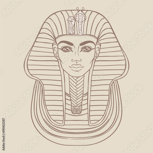 King Tutankhamun mask, ancient Egyptian pharaoh. Hand-drawn vintage vector outline illustration. Tattoo flash, t-shirt or poster design, postcard, coloring book page. Egypt history.