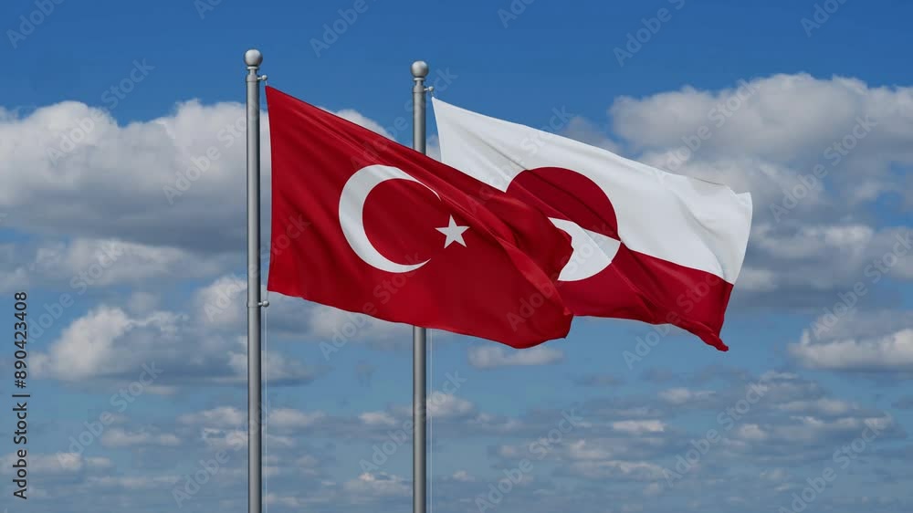 Greenland and Turkey flags flying together, video concept of the relationship, two country relations concept Greenland and Turkey flags flying together, video concept of the relationship, two country relations concept