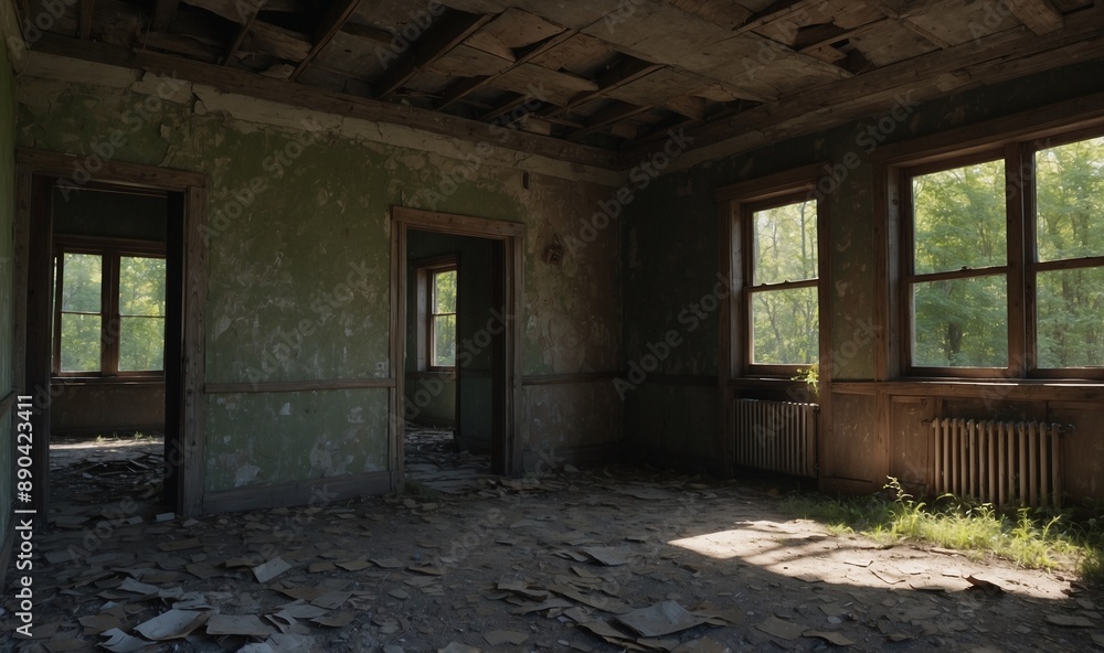 Decayed empty room with sunlit windows and debris floor. Decayed empty room with sunlit windows and debris floor.