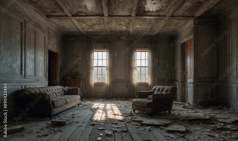 Weathered room with old furniture and peeling ceilings. Weathered room with old furniture and peeling ceilings.