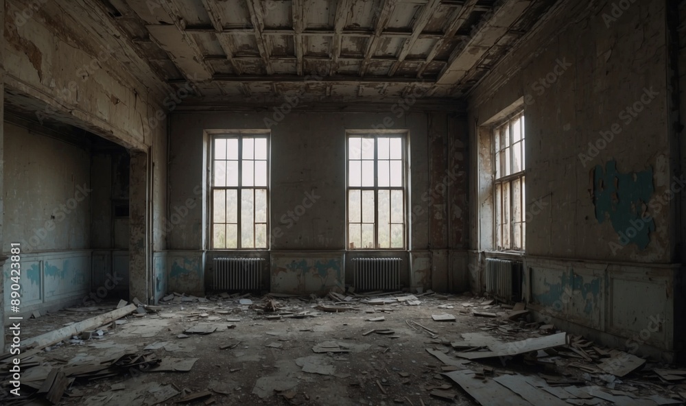 Obraz premium Spacious abandoned room with three large windows lit.