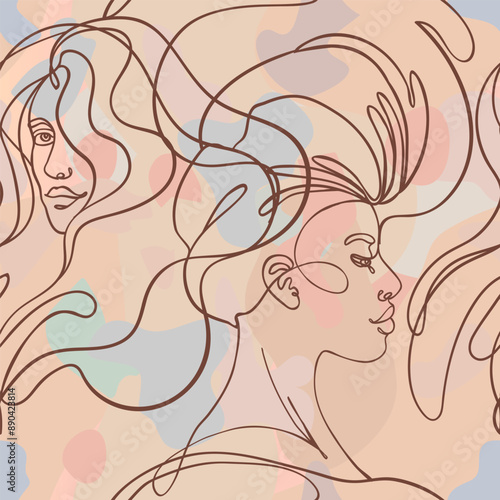 Abstract seamless pattern in modern simple style. Female faces. One line draw...