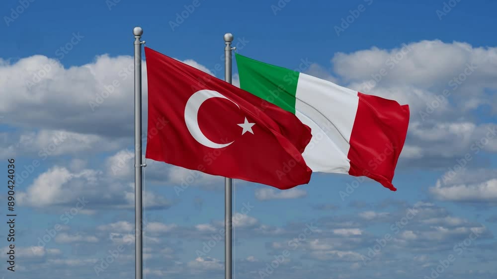 Italy and Turkey flags flying together, video concept of the relationship, two country cooperation concept Italy and Turkey flags flying together, video concept of the relationship, two country cooperation concept