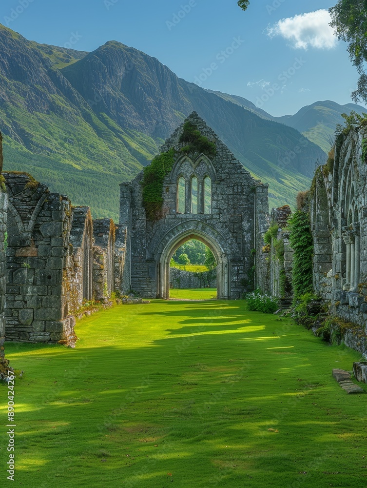 A large, grassy field with a stone building in the background A large, grassy field with a stone building in the background