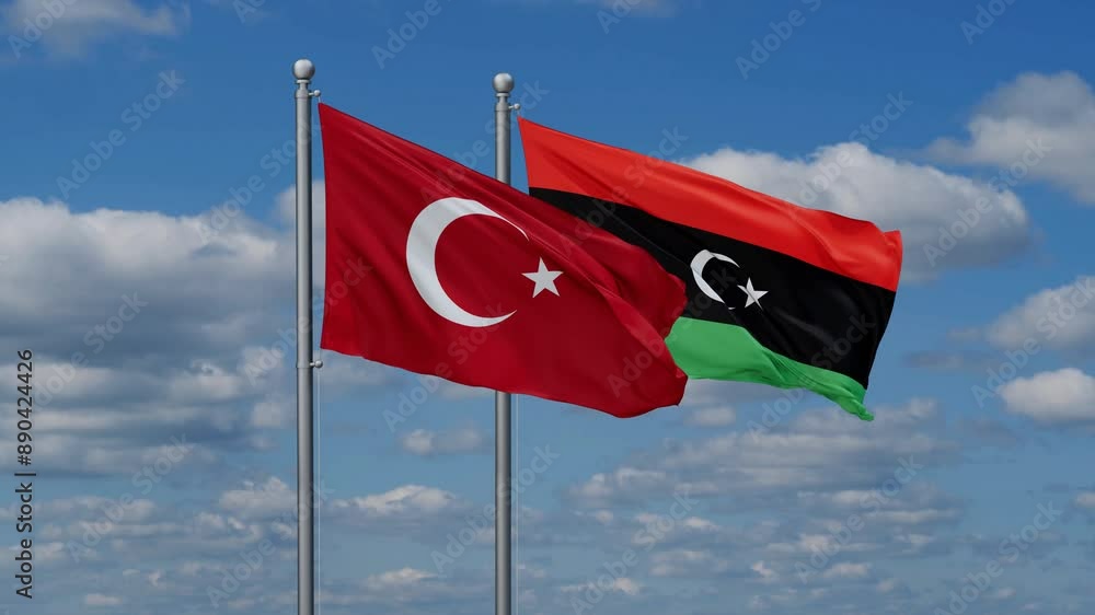 Libya and Turkey flags flying together, video concept of the relationship, two country cooperation concept Libya and Turkey flags flying together, video concept of the relationship, two country cooperation concept