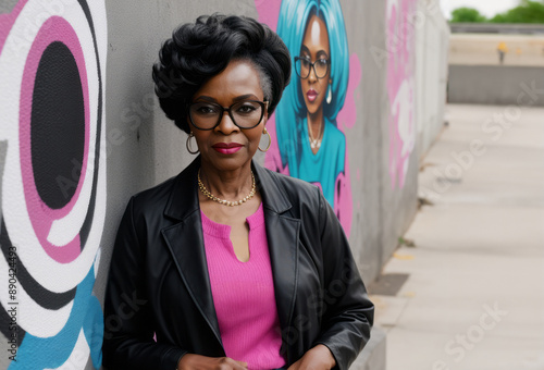 Beautiful older black model woman poses in front of graffiti covered wall