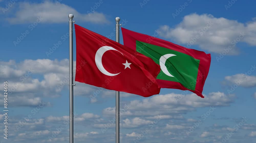 Maldives and Turkey flags flying together, video concept of the relationship, two country relations concept Maldives and Turkey flags flying together, video concept of the relationship, two country relations concept
