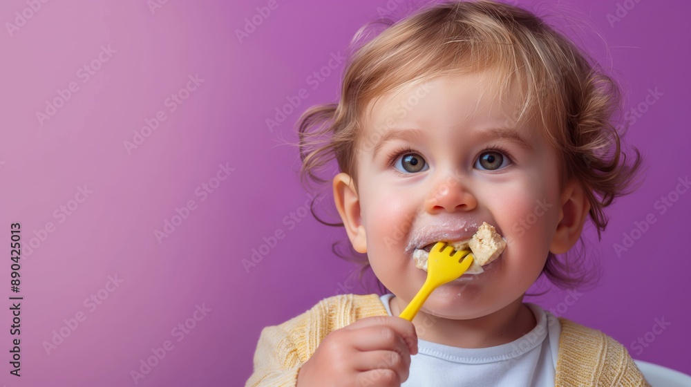 portrait of cute toddler girl eating food with yellow spoon on purple background, closeup photo