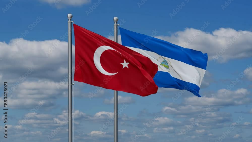 Nicaragua and Turkey flags flying together, video concept of the relationship, two country relations concept Nicaragua and Turkey flags flying together, video concept of the relationship, two country relations concept