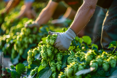 Traditional harvesting and processing of German beer hops during September for Oktoberfest