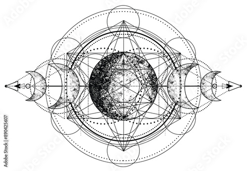 Metatron Cube. Moon pagan Wicca moon goddess symbol. Three-faced Goddess Maiden Mother Crone isolated vector illustration. Tattoo, astrology, alchemy, boho and magic symbol. Coloring book.