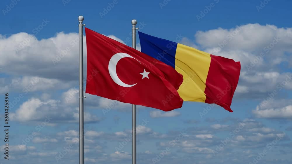 Romania and Turkey flags flying together, video concept of the relationship, two country cooperation concept