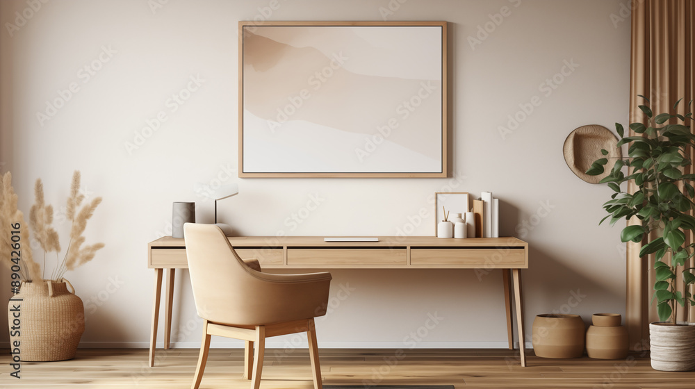 Modern Home Office with Wooden Desk and Chair Green Plants and Abstract Art on the Wall Modern Home Office with Wooden Desk and Chair Green Plants and Abstract Art on the Wall