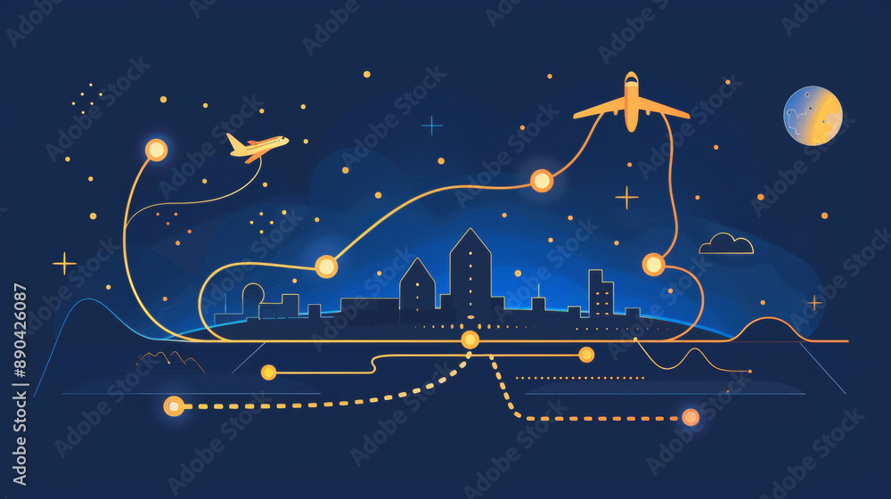 Fototapeta premium Airplane flight route with a starting point and a traced line. Vector illustration.
