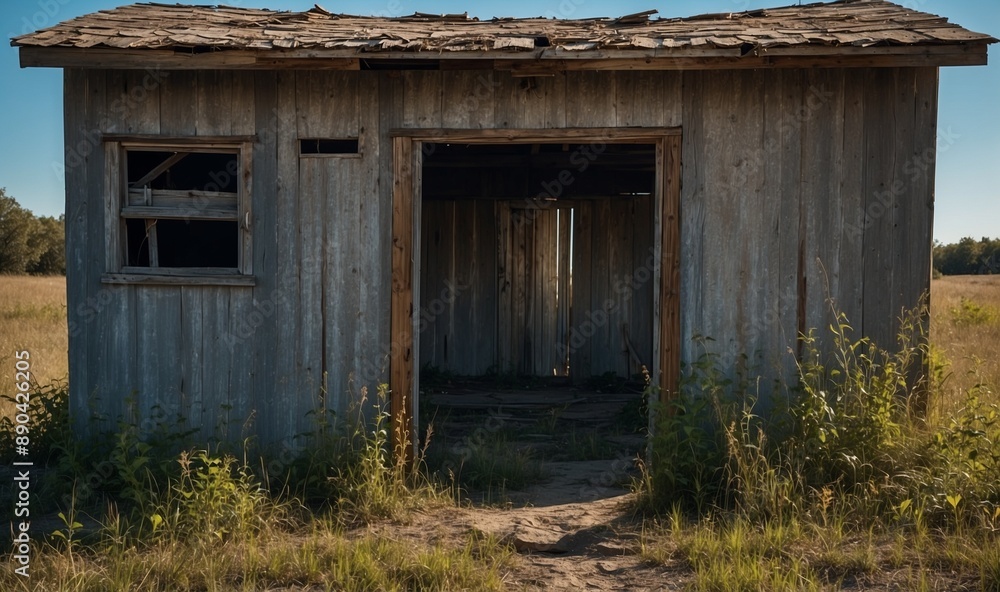 Obraz premium Old wooden shack with broken windows under blue sky
