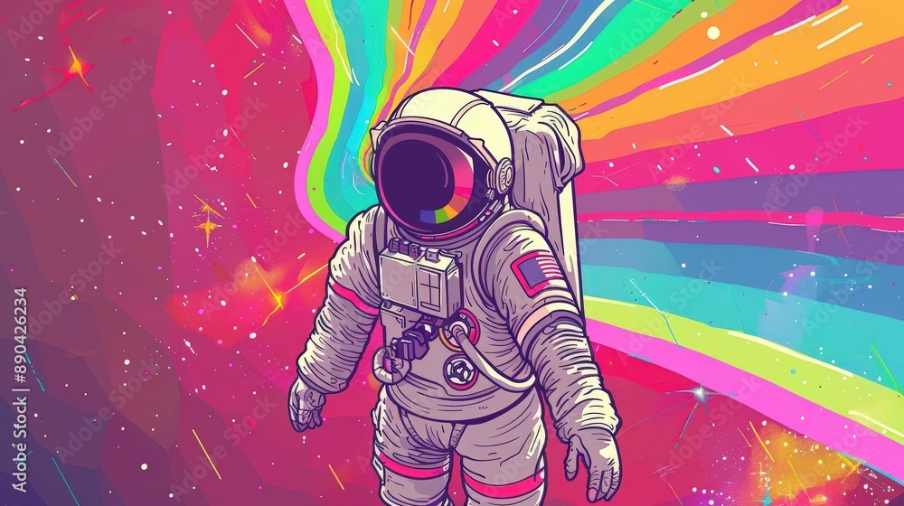 A colorful space scene with a man in a spacesuit A colorful space scene with a man in a spacesuit