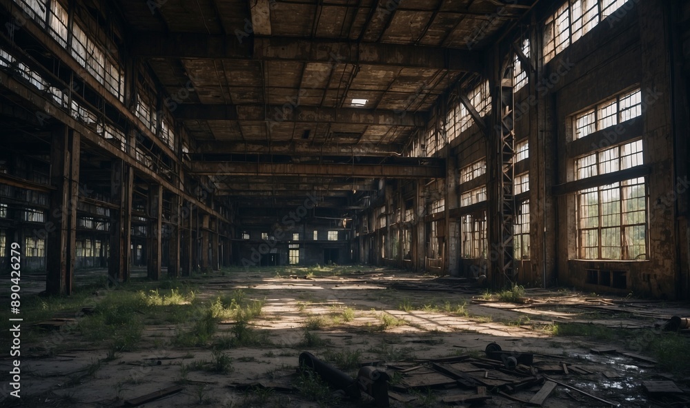 Large empty warehouse with broken windows and grass Large empty warehouse with broken windows and grass
