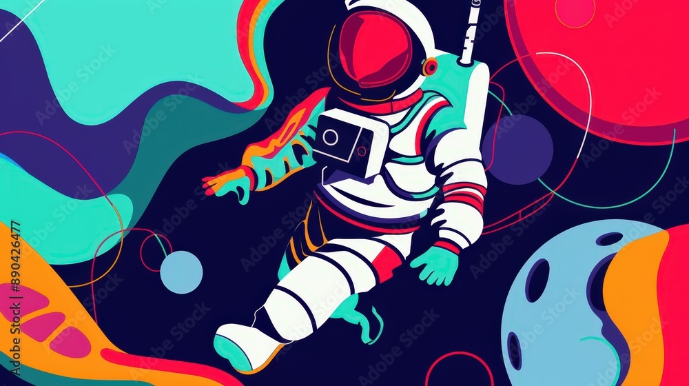 Obraz premium A colorful space scene with a man in a spacesuit