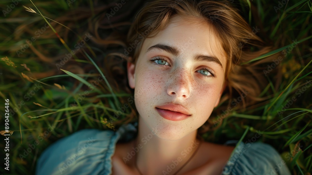 A woman with green eyes and a smile is laying in the grass A woman with green eyes and a smile is laying in the grass
