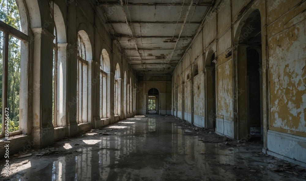 Long corridor with arched windows in an old building Long corridor with arched windows in an old building