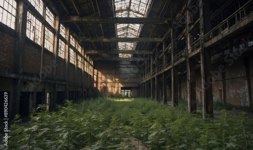 Overgrown plants in vast abandoned industrial space