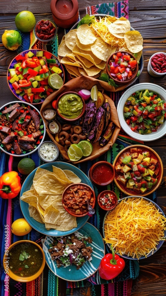 A vibrant Mexican feast featuring tortillas, guacamole, salsa, and a variety of colorful, fresh ingredients on a rustic wooden table. A vibrant Mexican feast featuring tortillas, guacamole, salsa, and a variety of colorful, fresh ingredients on a rustic wooden table.