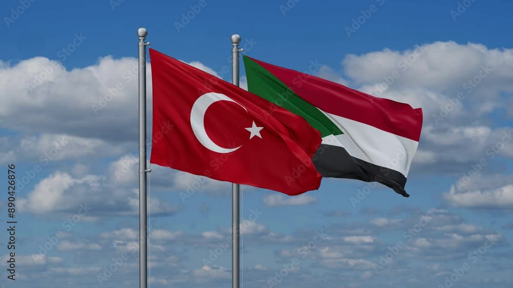 Sudan and Turkey flags flying together, video concept of the relationship, two country cooperation concept Sudan and Turkey flags flying together, video concept of the relationship, two country cooperation concept