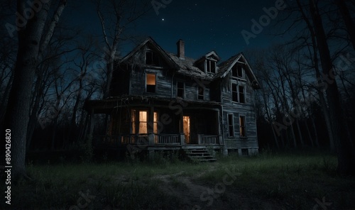 Night shot of an eerie abandoned house with lights on.