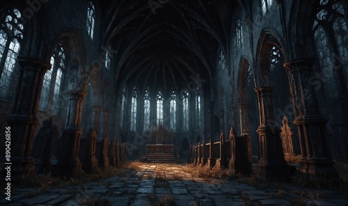 Interior of a dark, gothic cathedral with pews and altar.